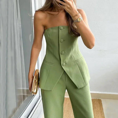 Molly | Off-Shoulder | Button-down Two-piece Set with Flared Pants